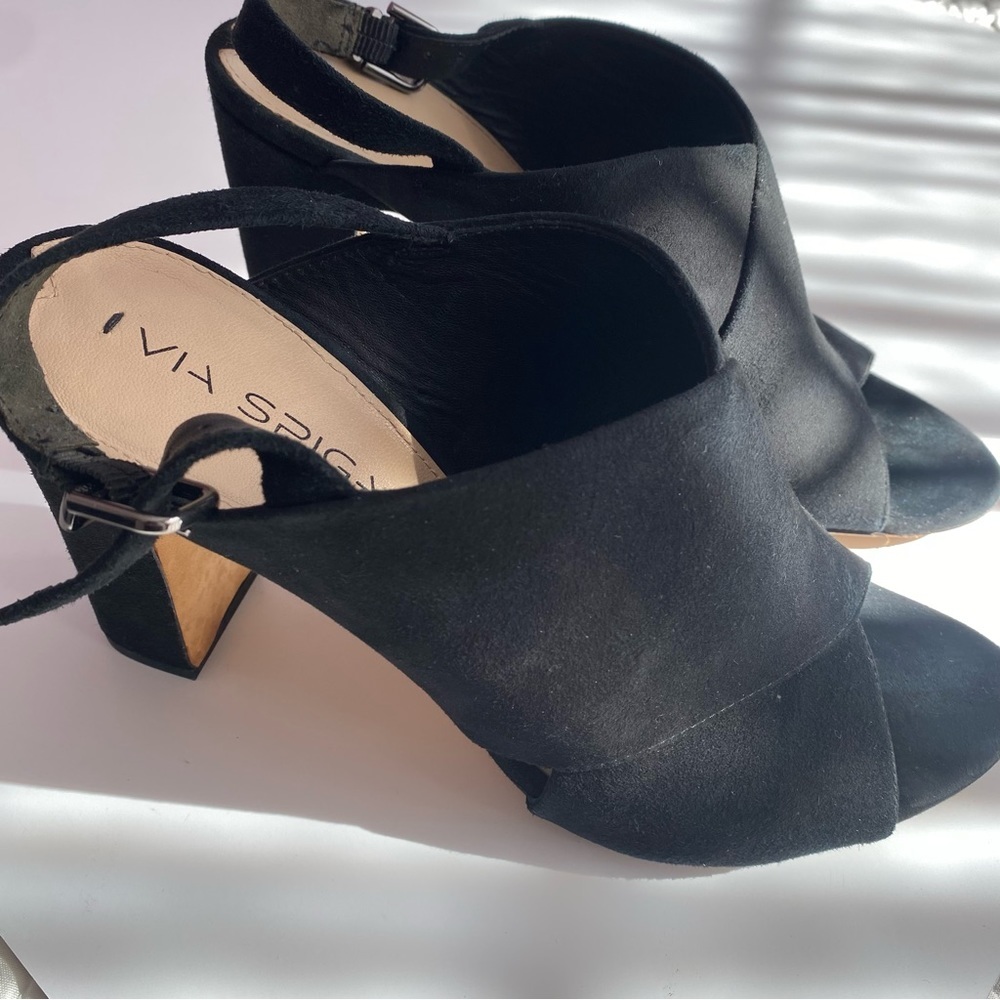 Via spiga Amya black suede sling back open toe chunky heel size 9.5 - Picture 3 of 8